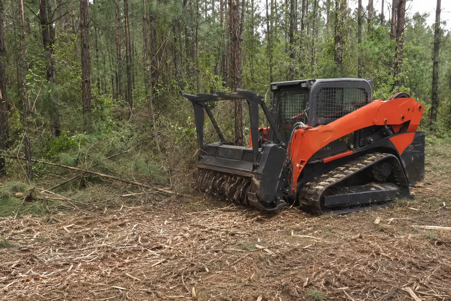 Forestry mulching equipment processing brush on an overgrown Southeast Texas property