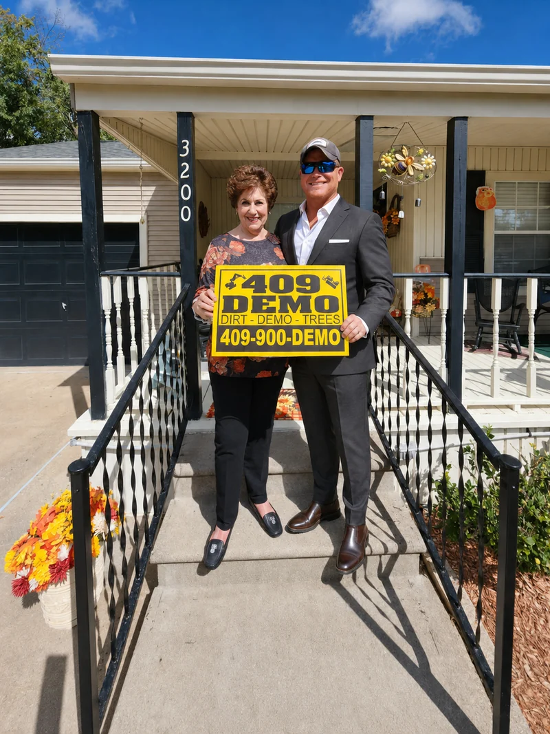Will of 409 Demo holding a yellow company sign alongside a woman outside a home
